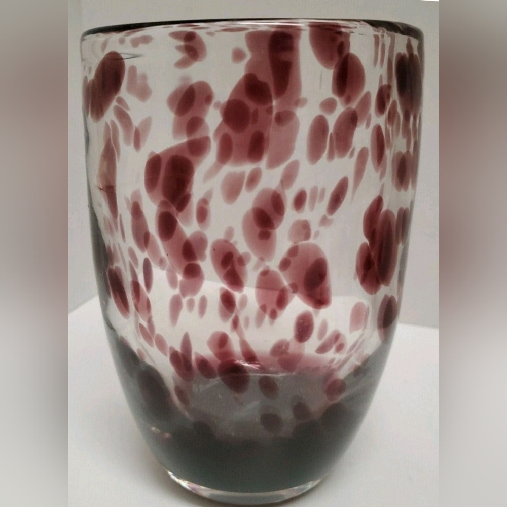 Vintage Art Glass Clear Amethyst Tortoise Shell Hand Blown Vase 7"× 4.25"